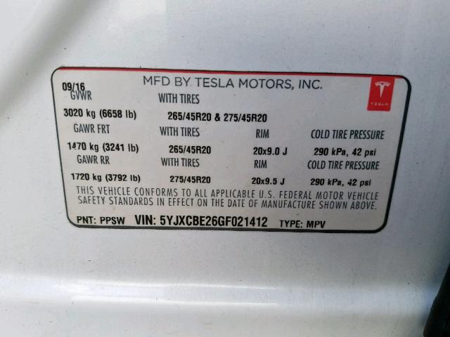 5YJXCBE26GF021412 - 2016 TESLA MODEL X WHITE photo 10