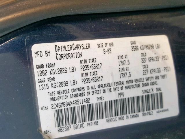 2C4GM684X4R511482 - 2004 CHRYSLER PACIFICA BLUE photo 10