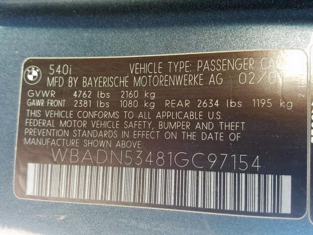 WBADN53481GC97154 - 2001 BMW 540 I GRAY photo 10