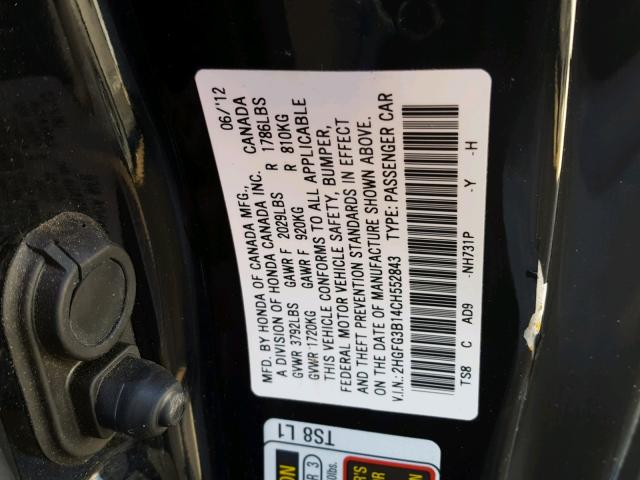 2HGFG3B14CH552843 - 2012 HONDA CIVIC EXL BLACK photo 10