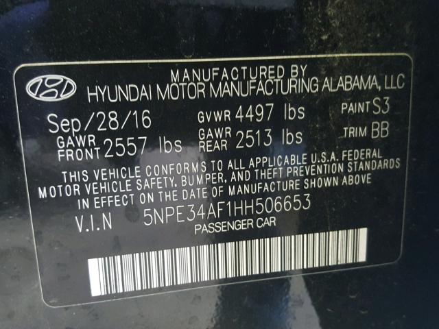 5NPE34AF1HH506653 - 2017 HYUNDAI SONATA SPO BLACK photo 10