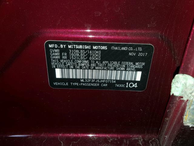 ML32F3FJ5JHF07154 - 2018 MITSUBISHI MIRAGE G4 BURGUNDY photo 10