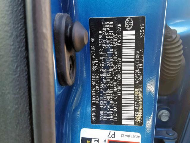 4T1BF1FK0HU749998 - 2017 TOYOTA CAMRY LE BLUE photo 10