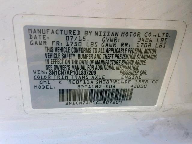 3N1CN7AP1GL807209 - 2016 NISSAN VERSA S WHITE photo 10