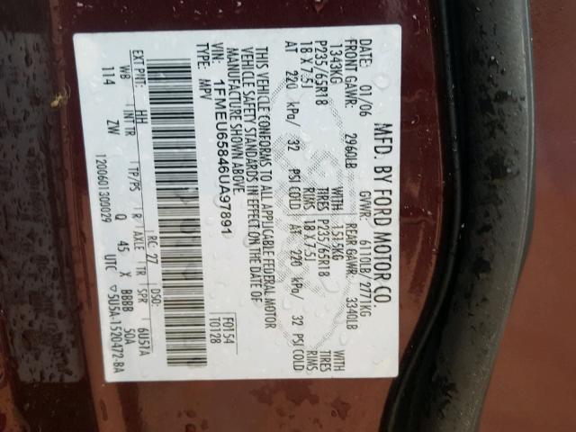 1FMEU65846UA97891 - 2006 FORD EXPLORER L MAROON photo 10