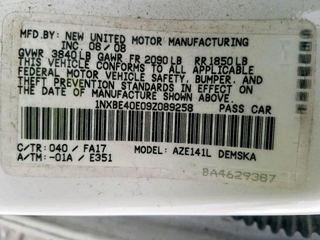 1NXBE40E09Z089258 - 2009 TOYOTA COROLLA XR WHITE photo 10