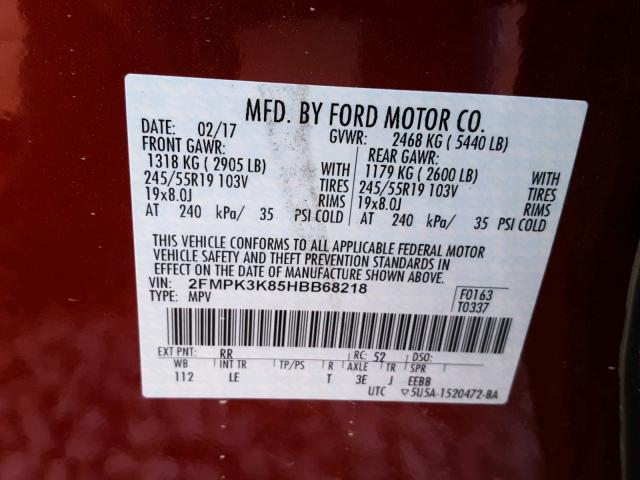 2FMPK3K85HBB68218 - 2017 FORD EDGE TITAN RED photo 10