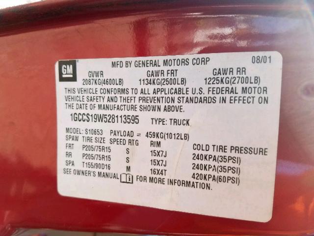 1GCCS19W528113595 - 2002 CHEVROLET S TRUCK S1 RED photo 10