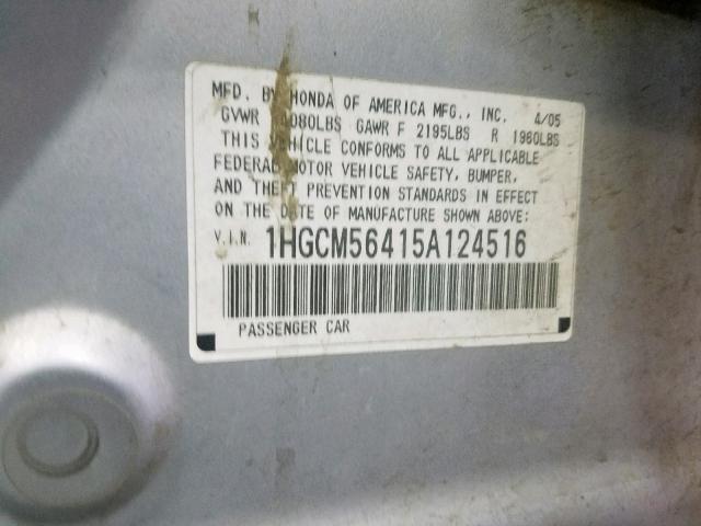 1HGCM56415A124516 - 2005 HONDA ACCORD LX SILVER photo 10