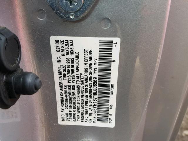 5J6YH18716L006569 - 2006 HONDA ELEMENT EX GRAY photo 10