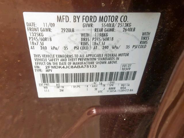 2FMDK4JC8ABA75133 - 2010 FORD EDGE SEL MAROON photo 10