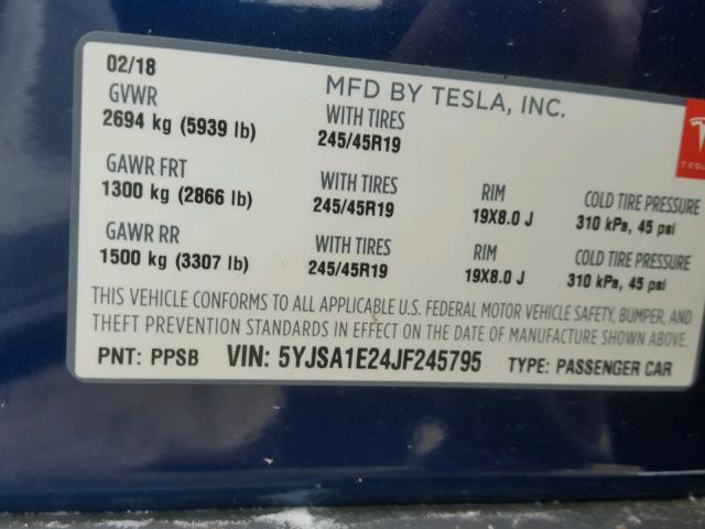 5YJSA1E24JF245795 - 2018 TESLA MODEL S BLUE photo 10