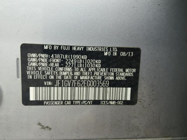 JF1GV7F62EG003569 - 2014 SUBARU IMPREZA WR SILVER photo 10