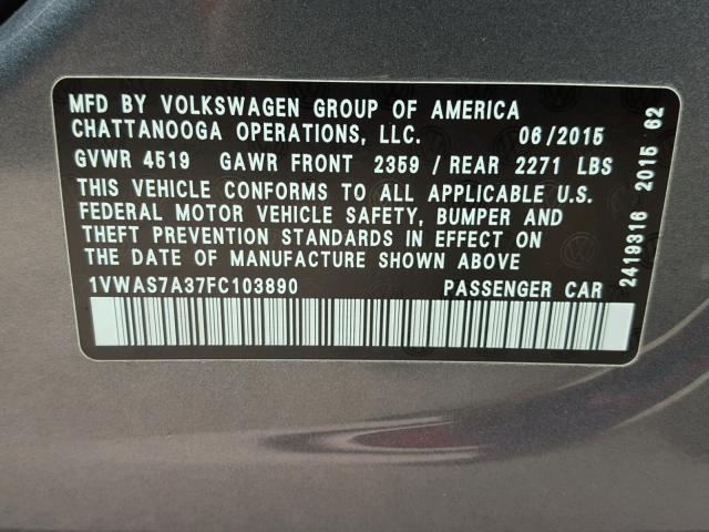 1VWAS7A37FC103890 - 2015 VOLKSWAGEN PASSAT S GRAY photo 10