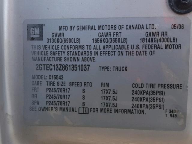 2GTEC13Z861351037 - 2006 GMC NEW SIERRA SILVER photo 10