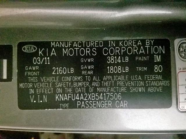 KNAFU4A2XB5417506 - 2011 KIA FORTE EX GRAY photo 10