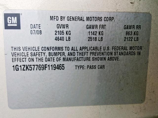 1G1ZK57769F119465 - 2009 CHEVROLET MALIBU LTZ თაფლისფერი ფოტო 10