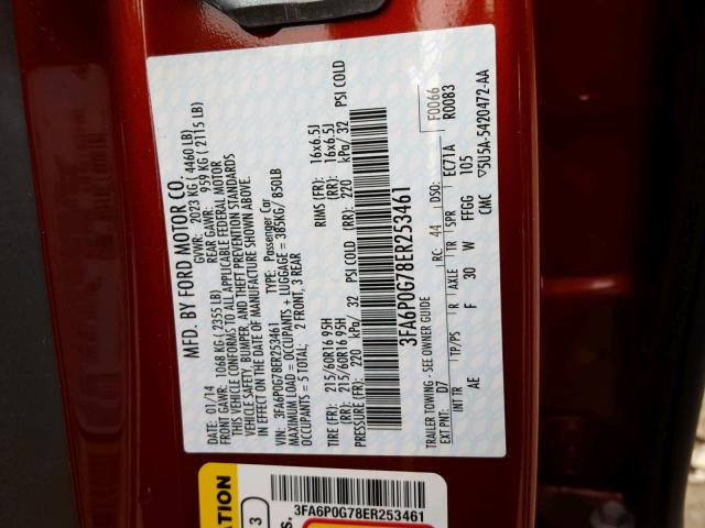 3FA6P0G78ER253461 - 2014 FORD FUSION S RED photo 10