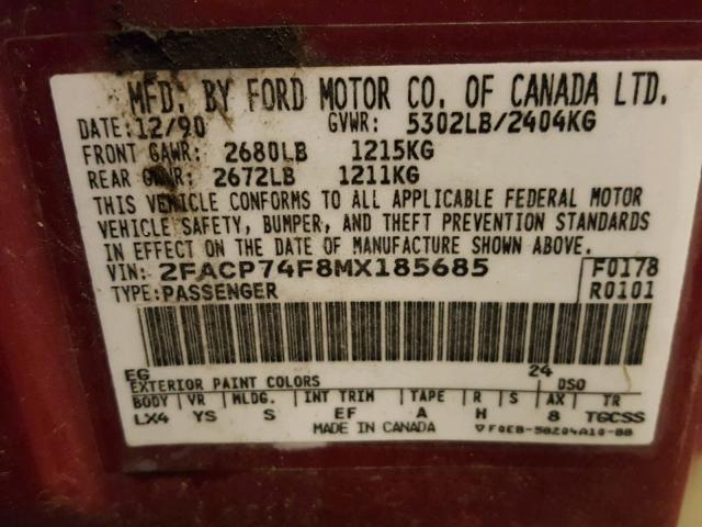 2FACP74F8MX185685 - 1991 FORD CROWN VICT RED photo 10