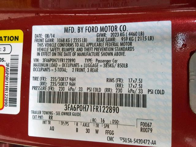 3FA6P0H71FR122890 - 2015 FORD FUSION SE RED photo 10