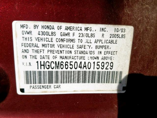 1HGCM66504A015929 - 2004 HONDA ACCORD EX RED photo 10