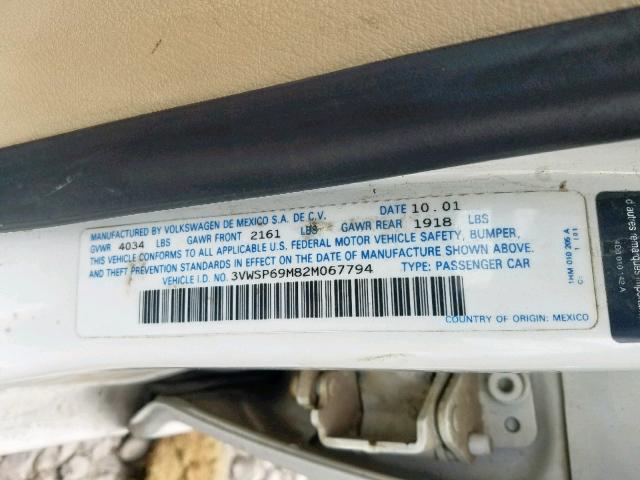 3VWSP69M82M067794 - 2002 VOLKSWAGEN JETTA GLS WHITE photo 10