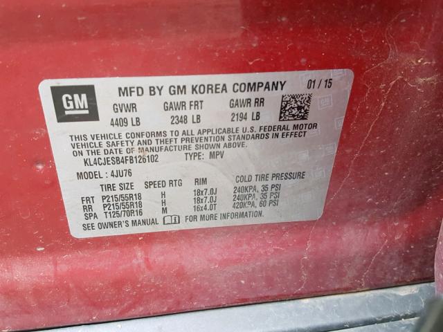 KL4CJESB4FB126102 - 2015 BUICK ENCORE RED photo 10