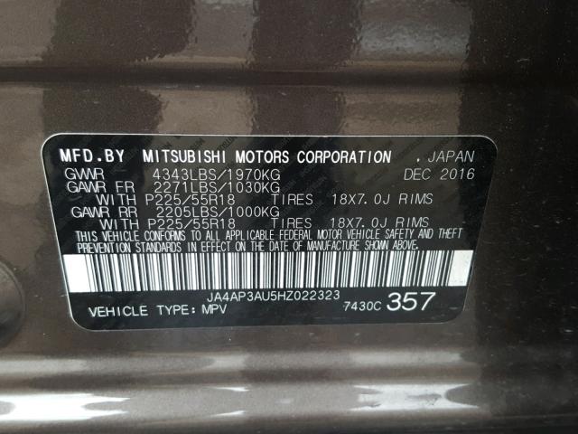 JA4AP3AU5HZ022323 - 2017 MITSUBISHI OUTLANDER BROWN photo 10