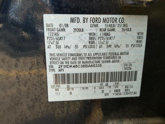 2FMDK48C38BA65335 - 2008 FORD EDGE SEL BLUE photo 10