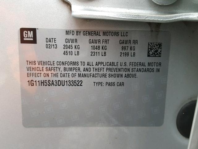 1G11H5SA3DU133522 - 2013 CHEVROLET MALIBU LTZ ვერცხლისფერი ფოტო 10