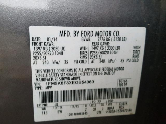 1FM5K8F8XEGB54060 - 2014 FORD EXPLORER L GRAY photo 10