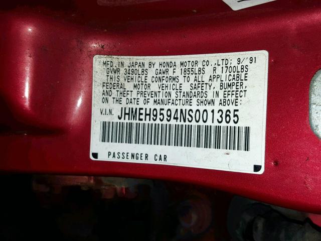 JHMEH9594NS001365 - 1992 HONDA CIVIC EX RED photo 10