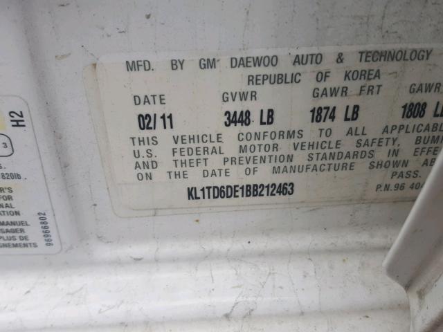 KL1TD6DE1BB212463 - 2011 CHEVROLET AVEO LS WHITE photo 10