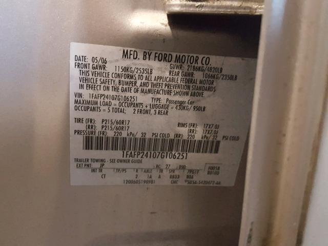 1FAFP24107G106251 - 2007 FORD FIVE HUNDR SILVER photo 10