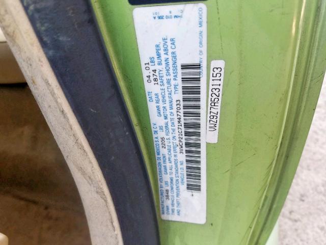 3VWCP21C71M477033 - 2001 VOLKSWAGEN NEW BEETLE მწვანე ფოტო 10