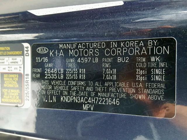 KNDPN3AC4H7221646 - 2017 KIA SPORTAGE E BLUE photo 10