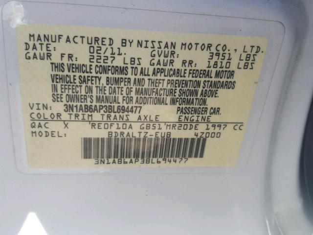 3N1AB6AP3BL694477 - 2011 NISSAN SENTRA 2.0 WHITE photo 10