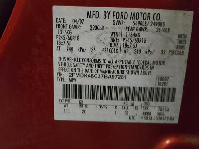 2FMDK48C37BA97281 - 2007 FORD EDGE SEL MAROON photo 10