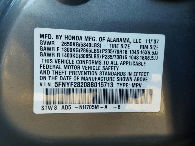 5FNYF28208B015713 - 2008 HONDA PILOT VP GRAY photo 10