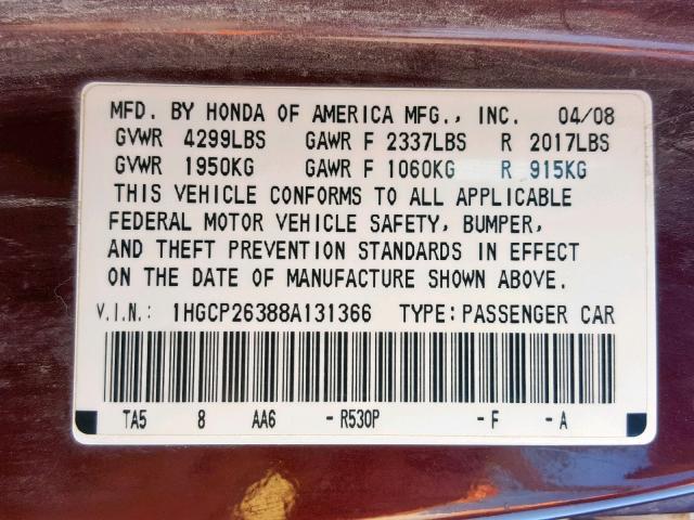 1HGCP26388A131366 - 2008 HONDA ACCORD LX MAROON photo 10