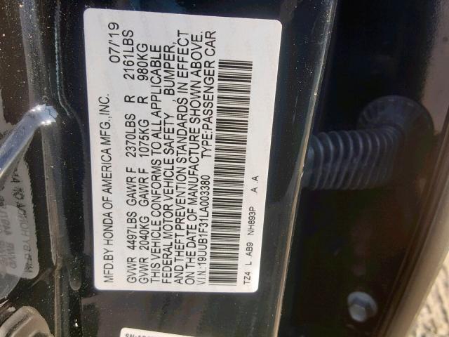 19UUB1F31LA003380 - 2020 ACURA TLX BLACK photo 10