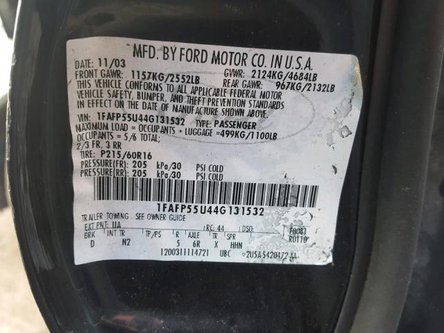 1FAFP55U44G131532 - 2004 FORD TAURUS SES BLACK photo 10