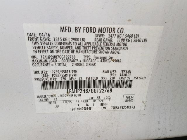 1FAHP2H87GG122768 - 2016 FORD TAURUS SEL WHITE photo 10