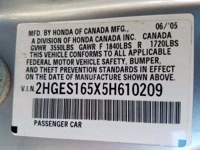 2HGES165X5H610209 - 2005 HONDA CIVIC LX SILVER photo 10