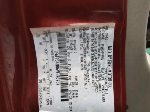 1FAFP34N06W126237 - 2006 FORD FOCUS ZX4 RED photo 10