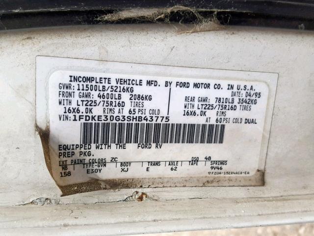 1FDKE30G3SHB43775 - 1995 FORD E350 WHITE photo 10