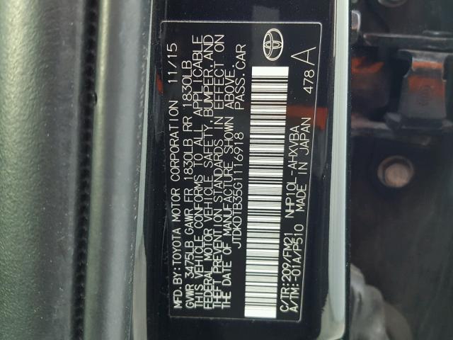 JTDKDTB35G1116918 - 2016 TOYOTA PRIUS C BLACK photo 10