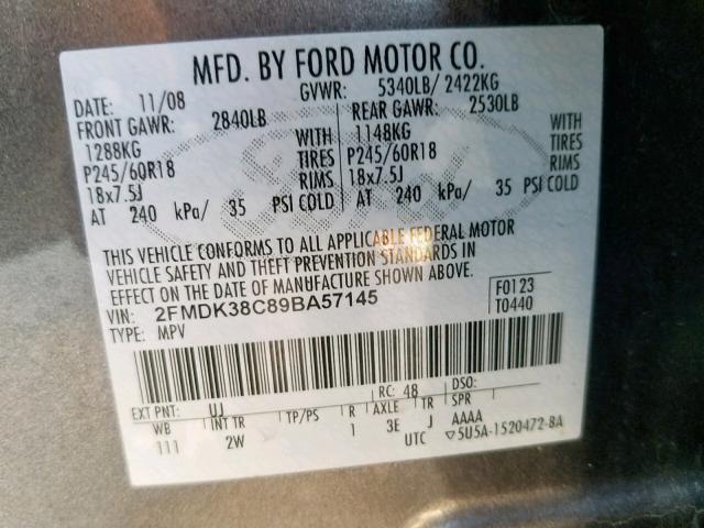 2FMDK38C89BA57145 - 2009 FORD EDGE SEL CHARCOAL photo 10