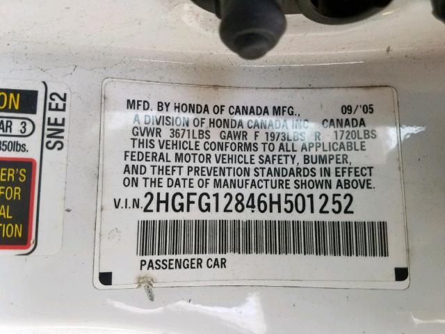 2HGFG12846H501252 - 2006 HONDA CIVIC EX WHITE photo 10