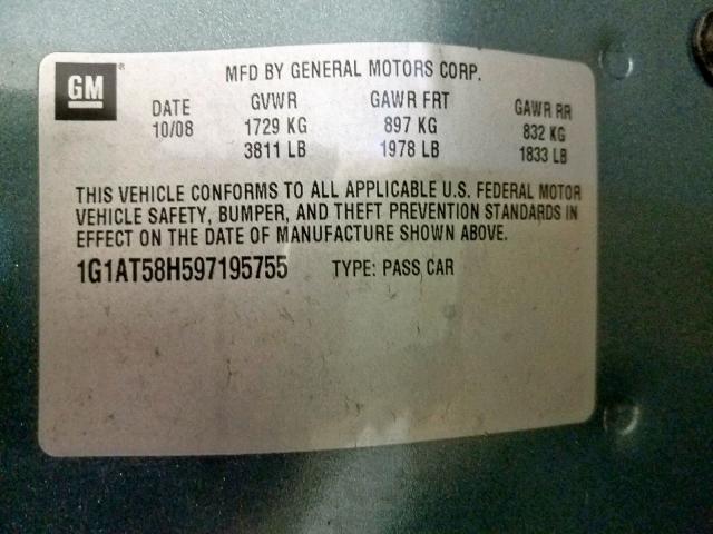 1G1AT58H597195755 - 2009 CHEVROLET COBALT LT BLUE photo 10